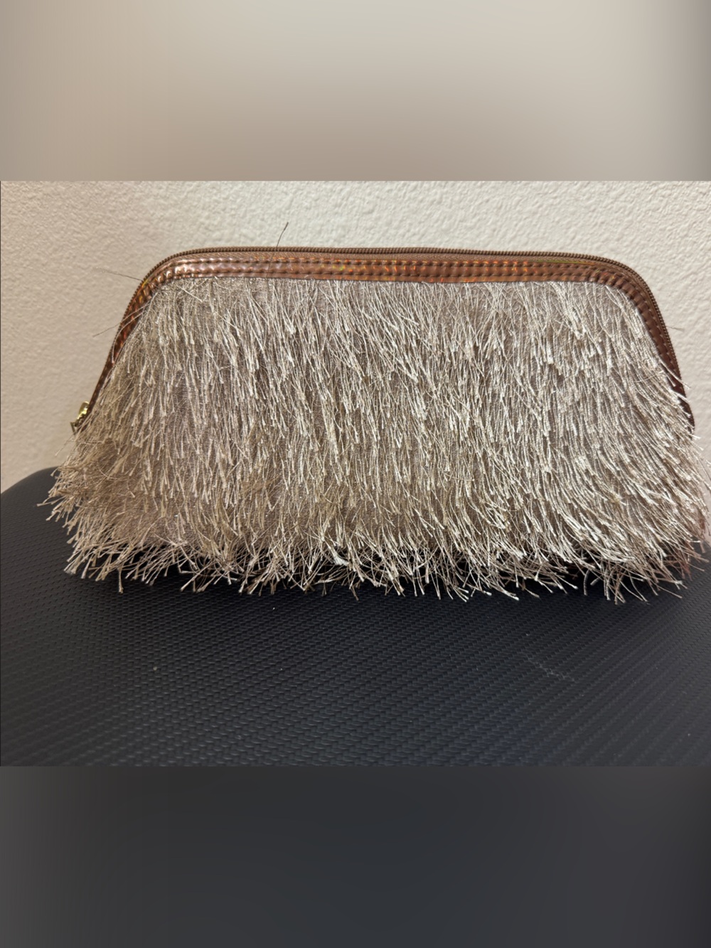 Lancome Metallic Fringe Cosmetic Pouch - Silver with Brown Trim